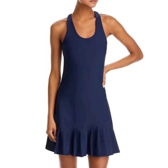 AQUA Athletic Pleat Hem Active Dress Womens S Navy Solid Scoop Neck Pullover NWT - Picture 1 of 16